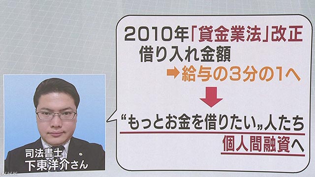 NHK「おはよう日本」で、個人間融資を名乗るヤミ金被害について解説する、「しもひがし法務司法書士事務所」の下東司法書士